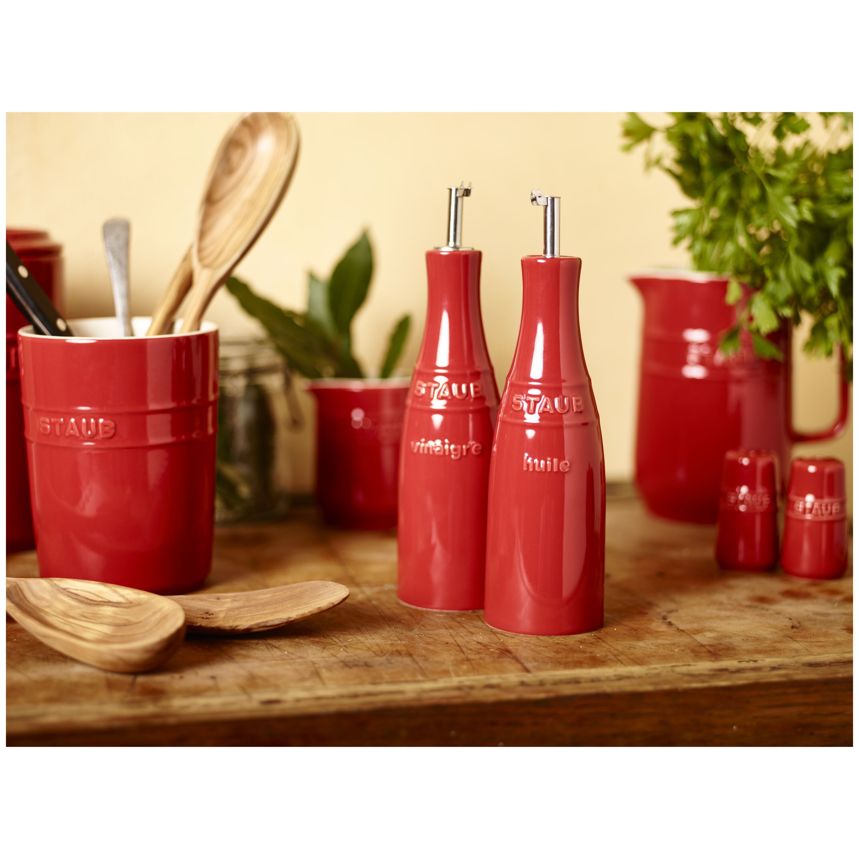 Cherry red STAUB ceramic oil and vinegar set with precision pouring spouts and protective caps — view 2