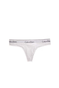 White women's cotton thong with a contrast elasticated logo waistband on a plain background.