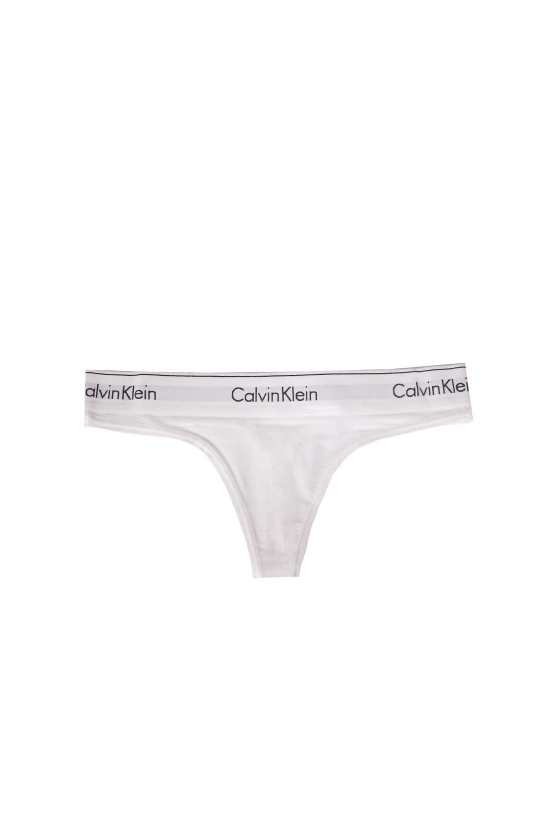 White women's cotton thong with a contrast elasticated logo waistband on a plain background.