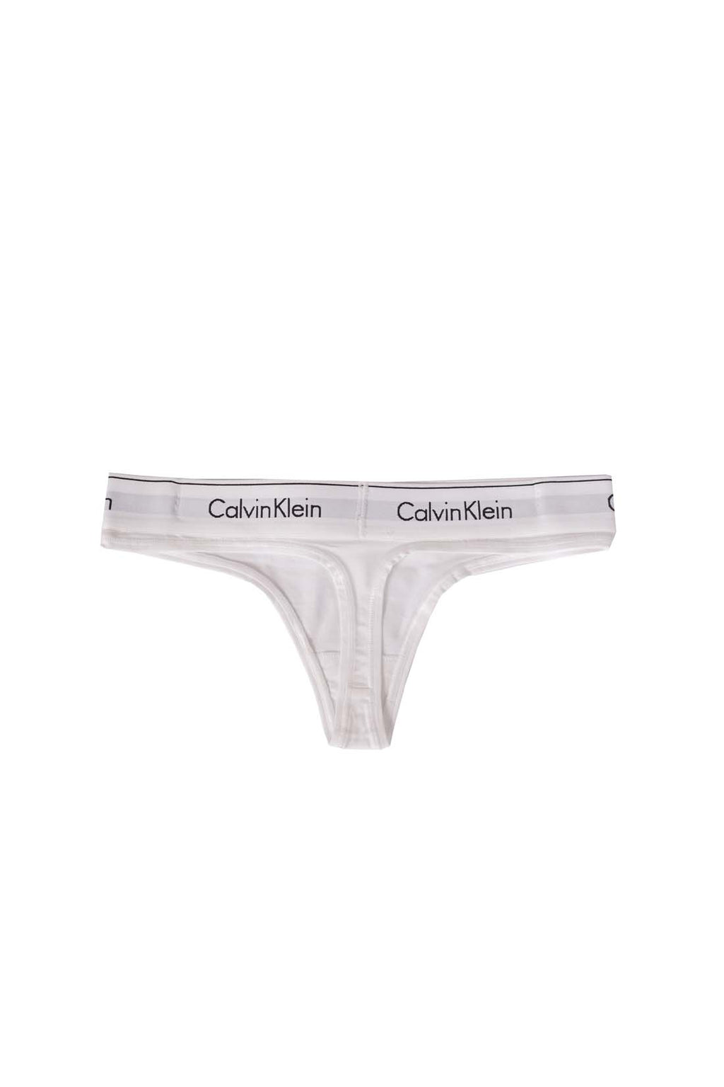 White women's cotton thong with a contrast elasticated logo waistband on a plain background. — view 2