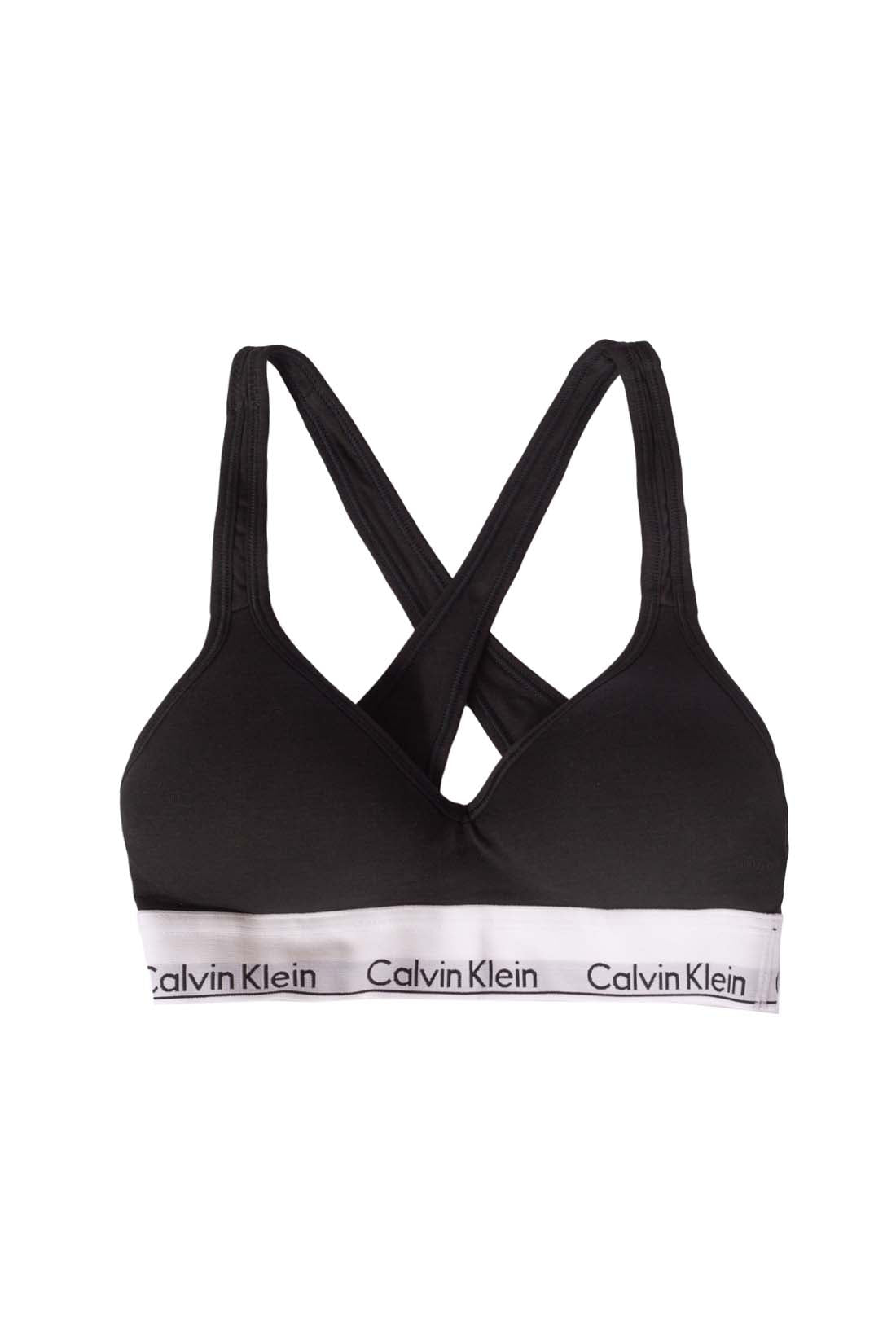 White women's v-neck bralette with crossover straps and contrasting elastic logo band — view 5