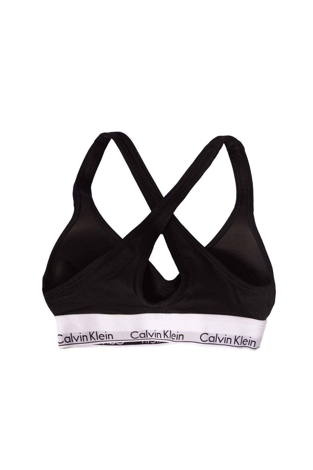 White women's v-neck bralette with crossover straps and contrasting elastic logo band
