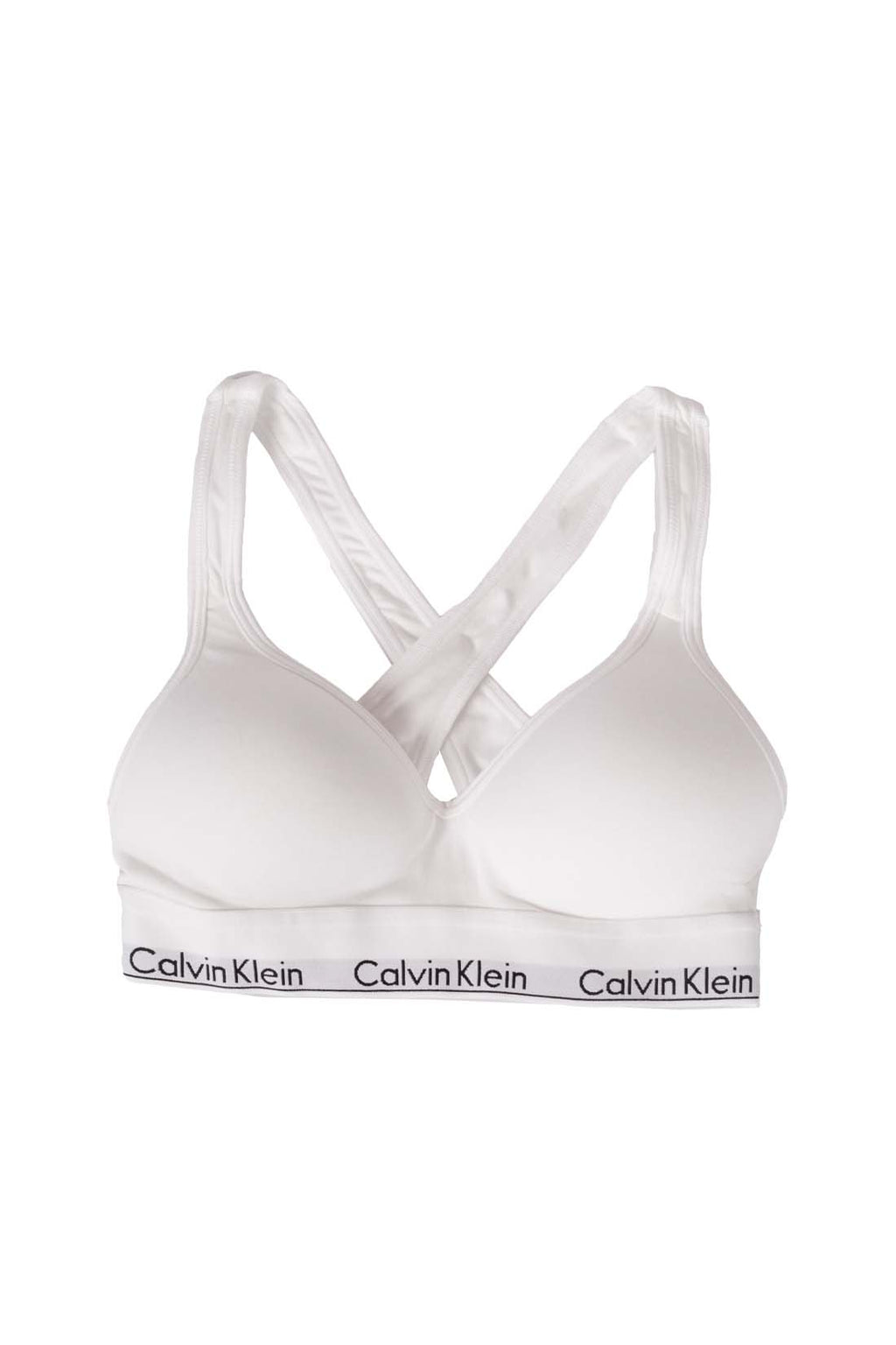 White women's v-neck bralette with crossover straps and contrasting elastic logo band — view 11