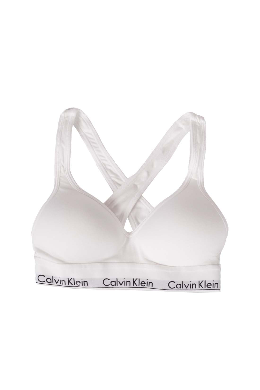 White women's v-neck bralette with crossover straps and contrasting elastic logo band — view 11