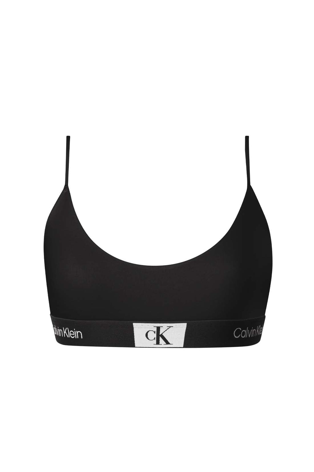 Black Calvin Klein women's cotton bralette with thin adjustable straps and iconic contrasting logo underbust band — view 26