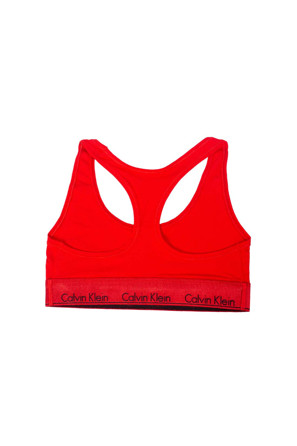 Women's red stretch cotton racerback bralette with metallic logo underbust band