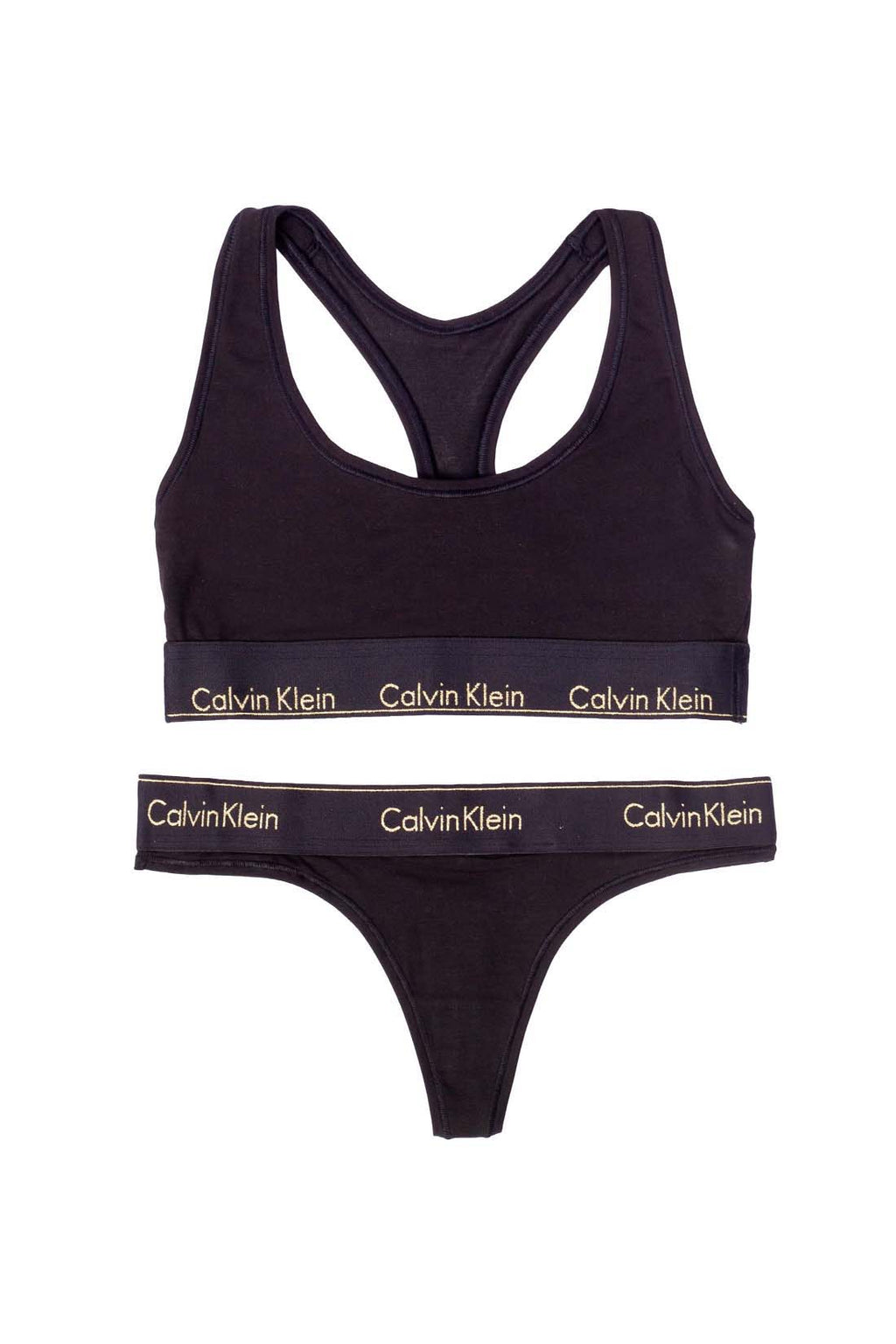 Black women's bralette and thong set in stretch cotton featuring contrasting white logo elastic bands — view 2