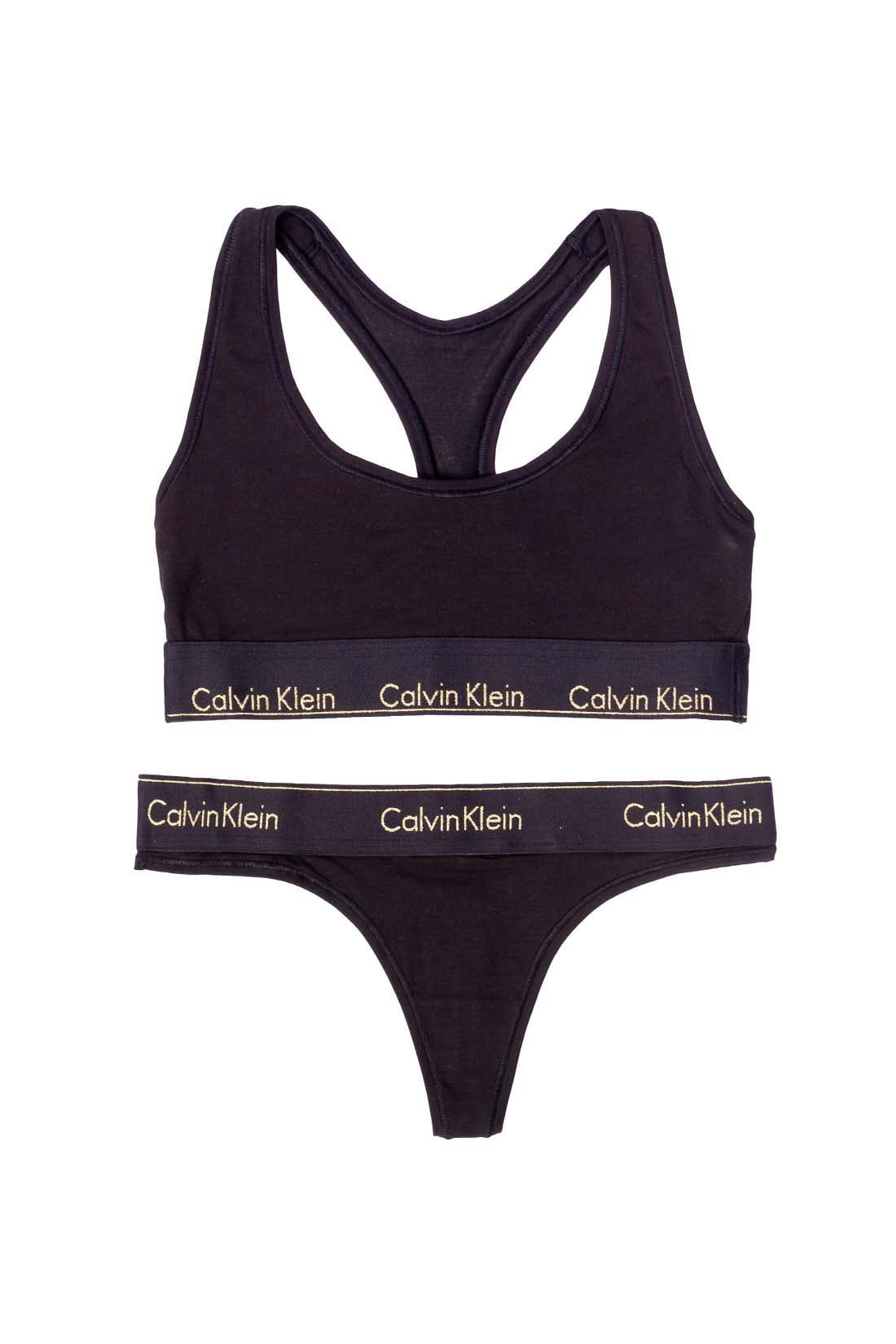 Black women's bralette and thong set in stretch cotton featuring contrasting white logo elastic bands — view 2