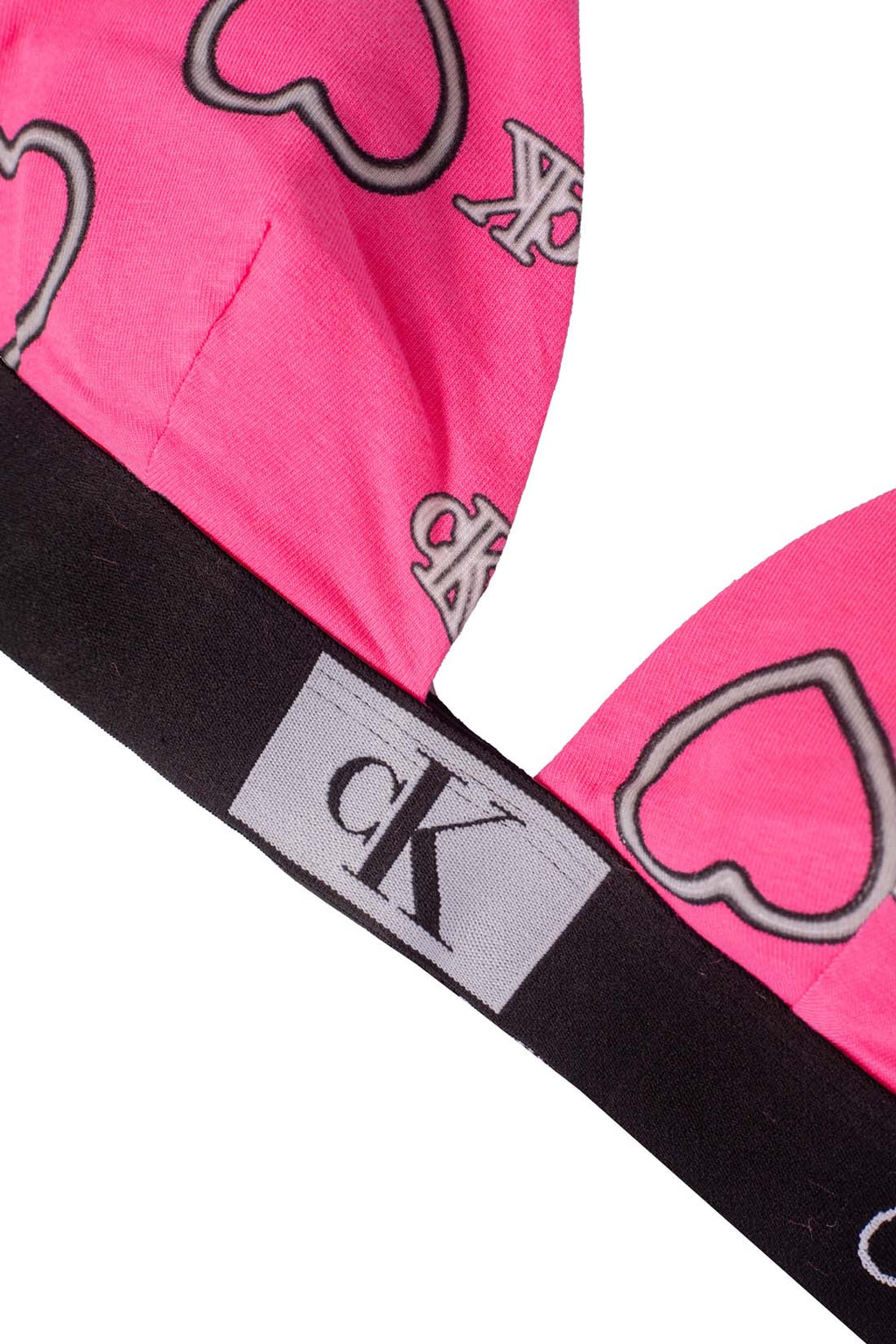Women's pink stretch cotton triangle bralette featuring a contrasting heart print and logo underbust band — view 3