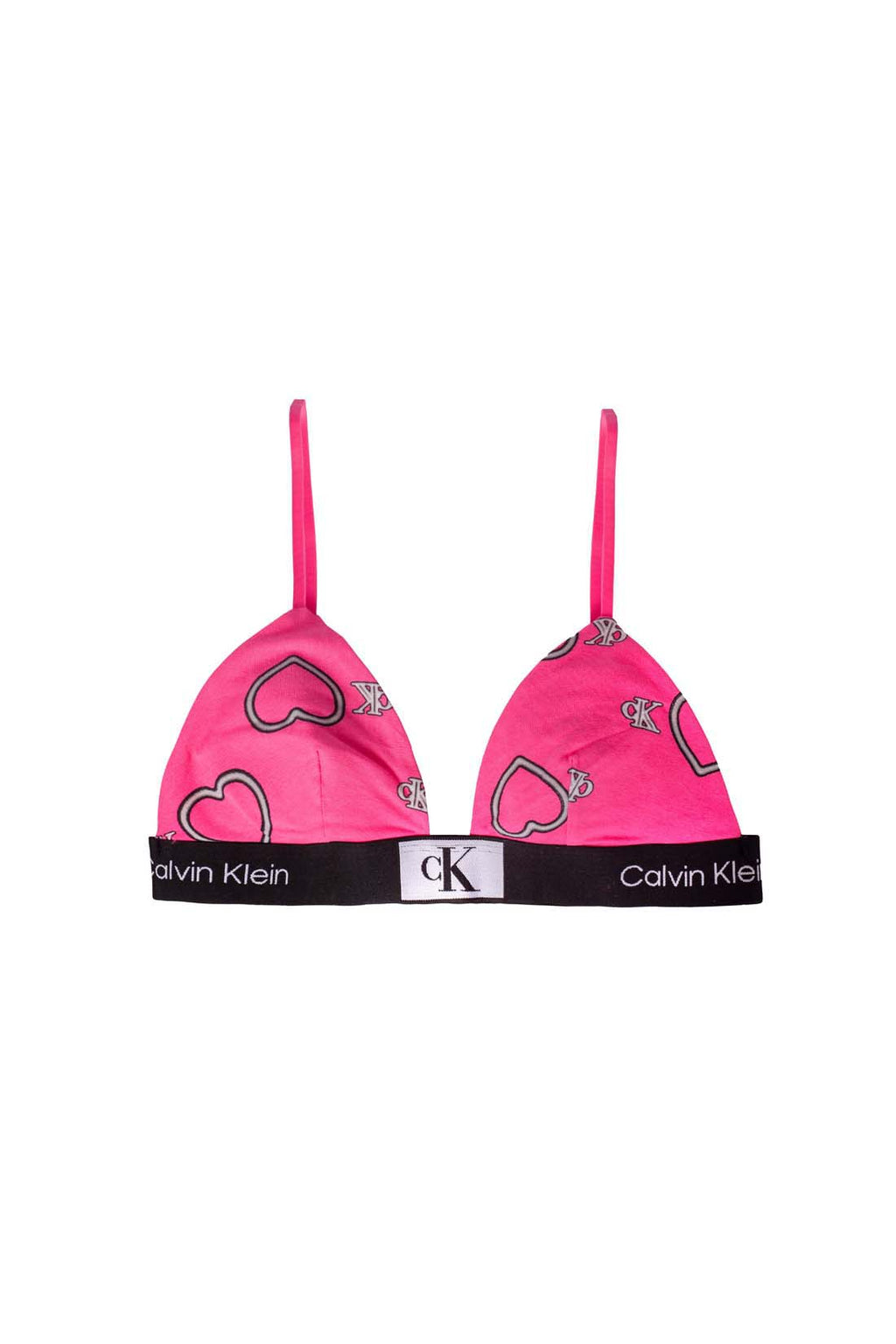 Women's pink stretch cotton triangle bralette featuring a contrasting heart print and logo underbust band — view 2
