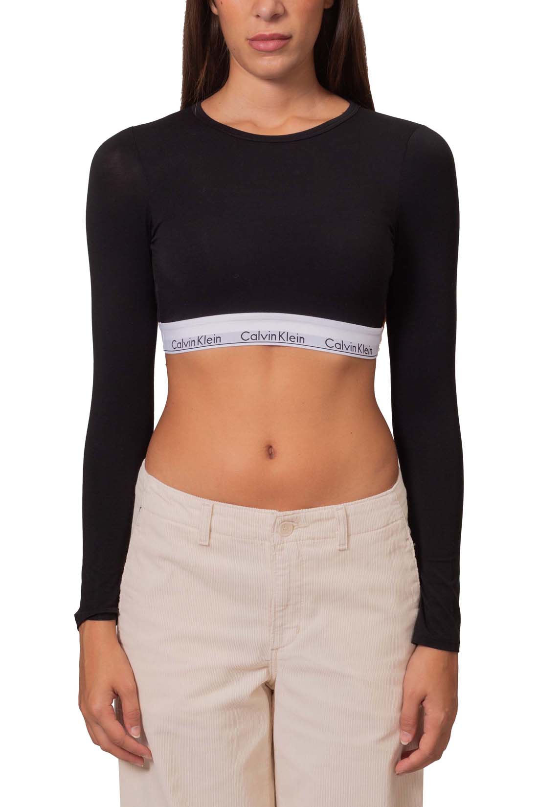Black long sleeve women's slim top with built-in cups and branded elastic underbust band — view 12