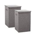 Two grey medium collapsible canvas laundry hampers with lids and carrying handles for home storage