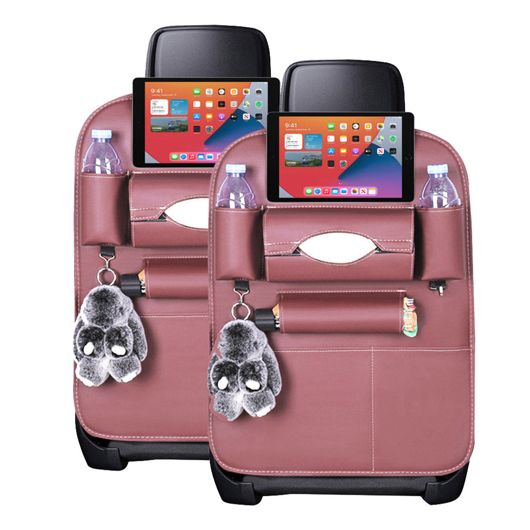Coffee brown PVC leather car backseat organizer with multiple storage pockets and iPad holder