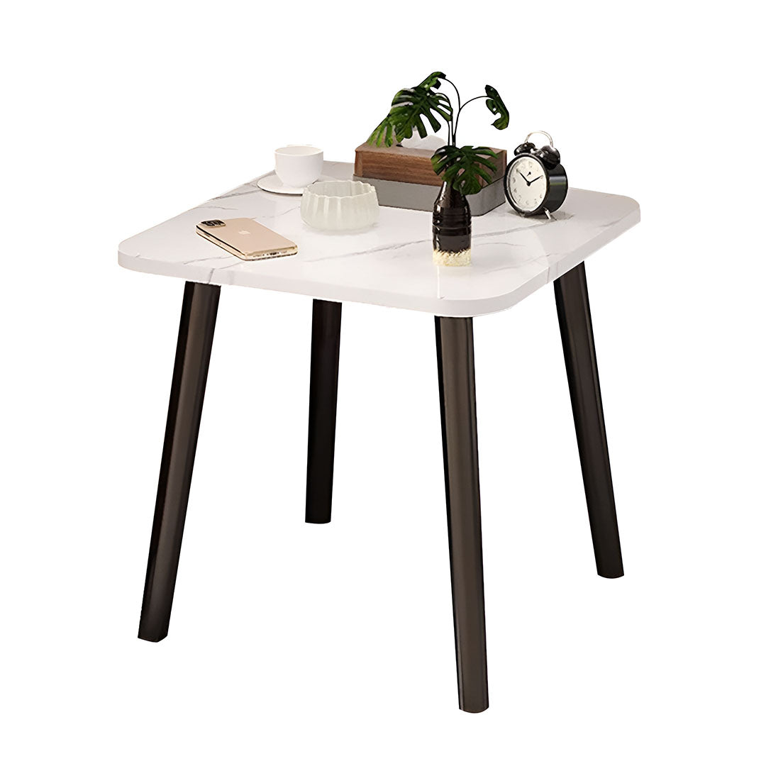 White ceramic side table with stone pattern top and black pine wood legs