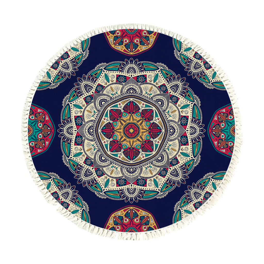 90cm round bohemian area rug featuring a vibrant blue mandala geometric pattern and anti-slip backing