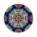 90cm round bohemian area rug featuring a vibrant blue mandala geometric pattern and anti-slip backing