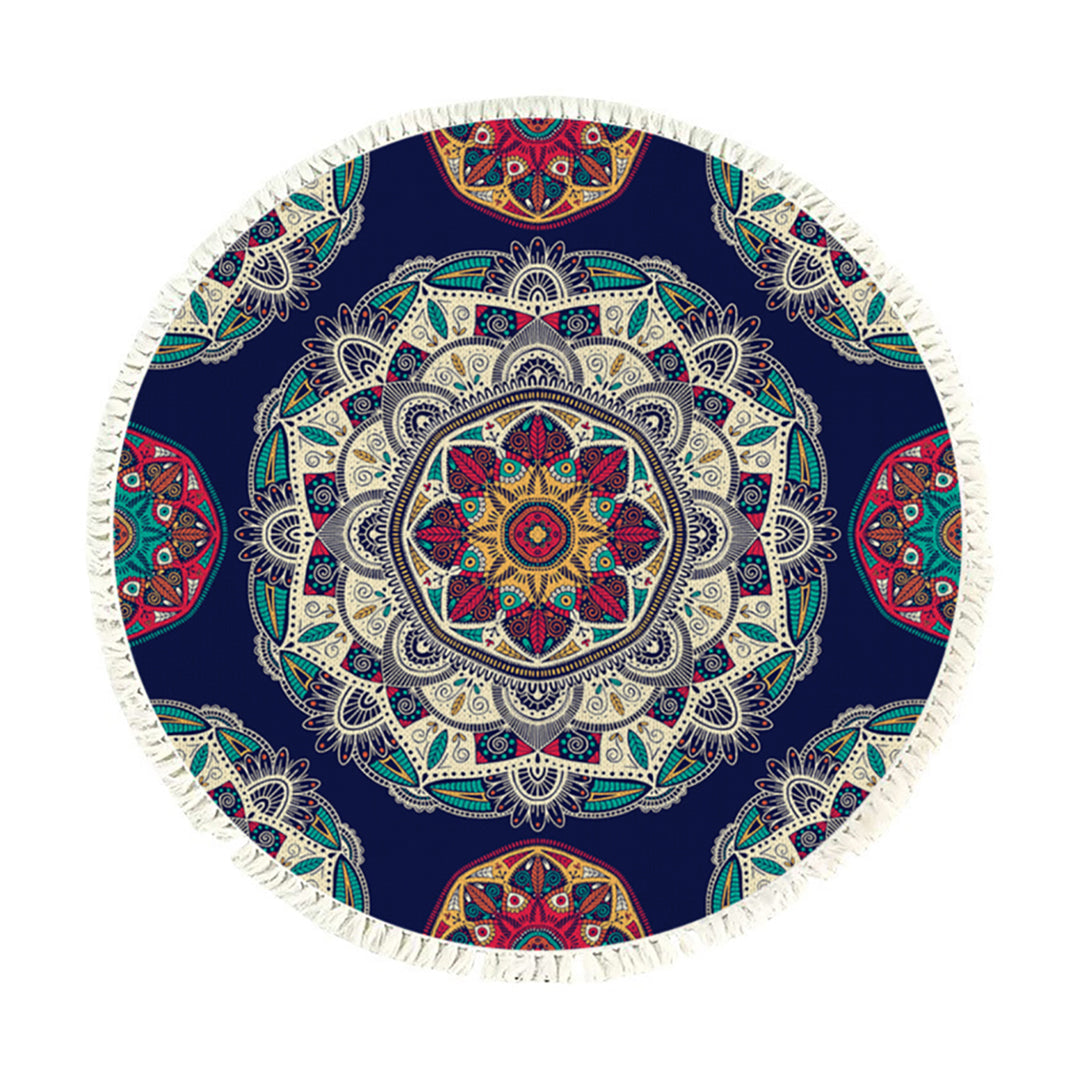 90cm round bohemian area rug featuring a vibrant blue mandala geometric pattern and anti-slip backing