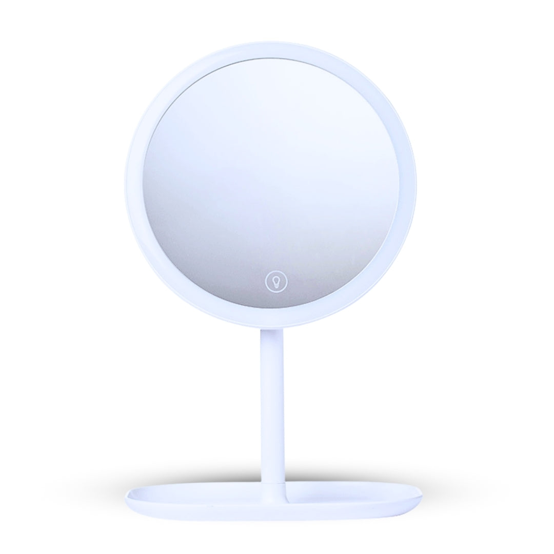 White round smart LED tabletop makeup vanity mirror with illuminated ring light and adjustable stand