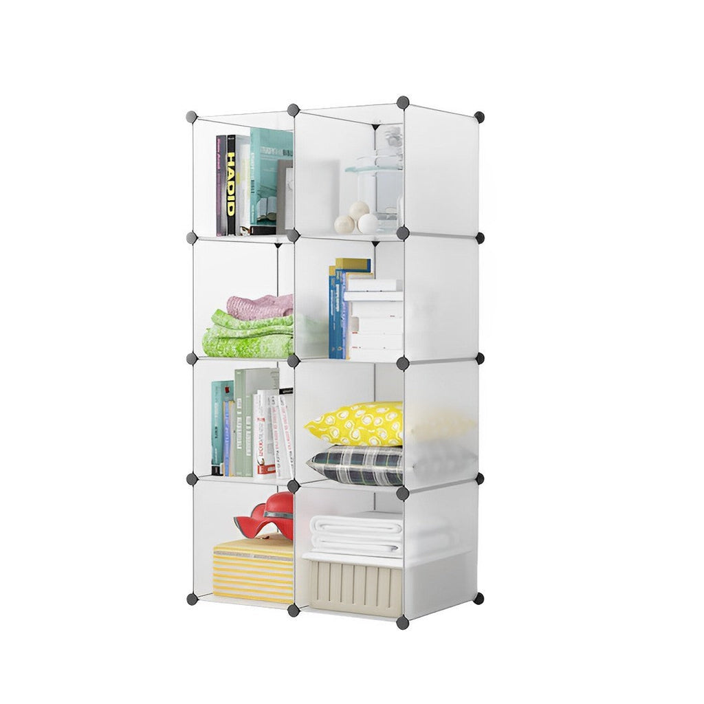 Transparent 8-cube modular storage shelf organizer made of plastic panels and iron wire connectors