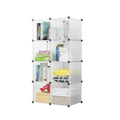 Transparent 8-cube modular storage shelf organizer made of plastic panels and iron wire connectors