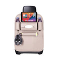White PVC leather car seat organizer with multi-pocket storage compartments and iPad holder.