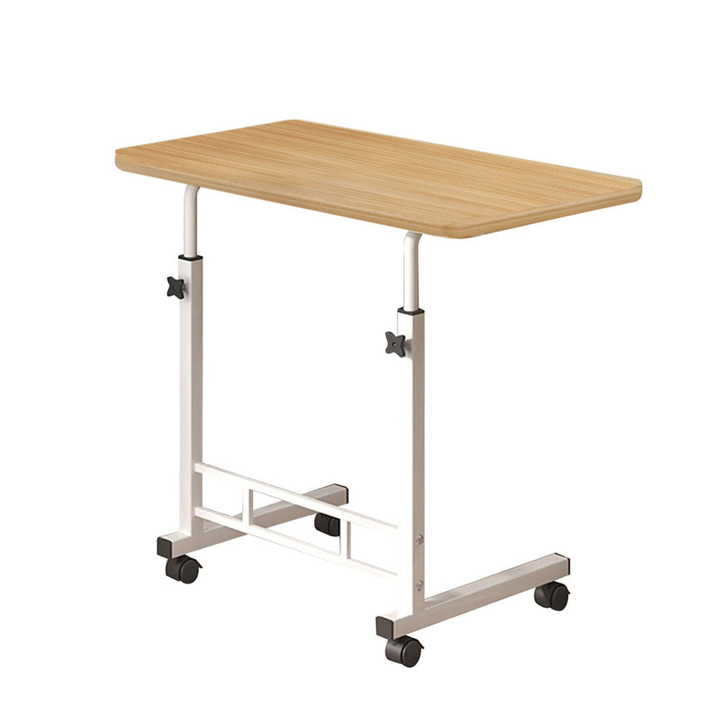 SOGA movable walnut wood bedside desk with wheels and white metal frame for laptops