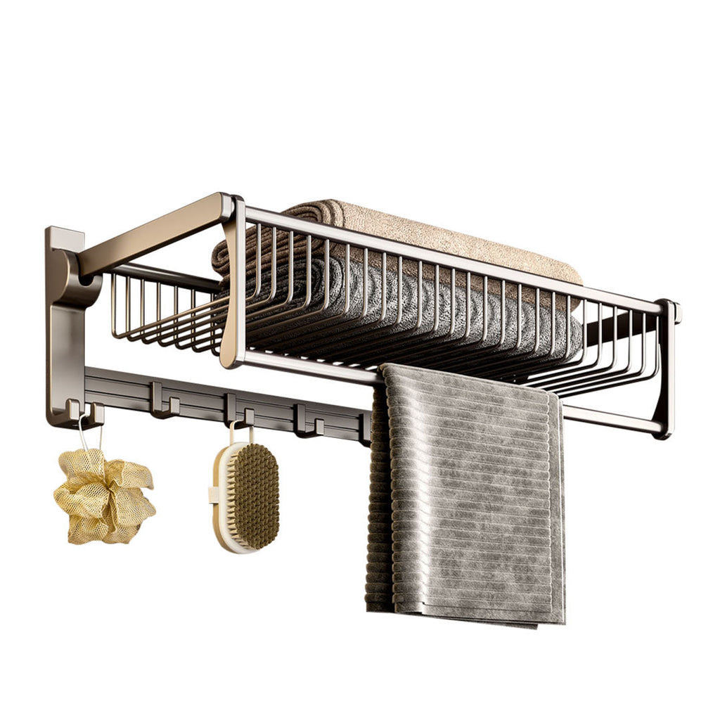 Gray wall-mounted double pole aluminum towel rack with hooks organizing bathroom accessories and towels