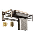Gray wall-mounted double pole aluminum towel rack with hooks organizing bathroom accessories and towels