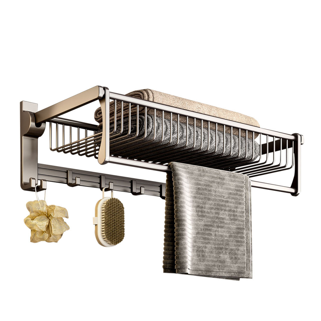 Gray wall-mounted double pole aluminum towel rack with hooks organizing bathroom accessories and towels