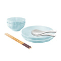 Light blue Japanese ceramic dinnerware set with stackable dining bowls plates spoons and chopsticks