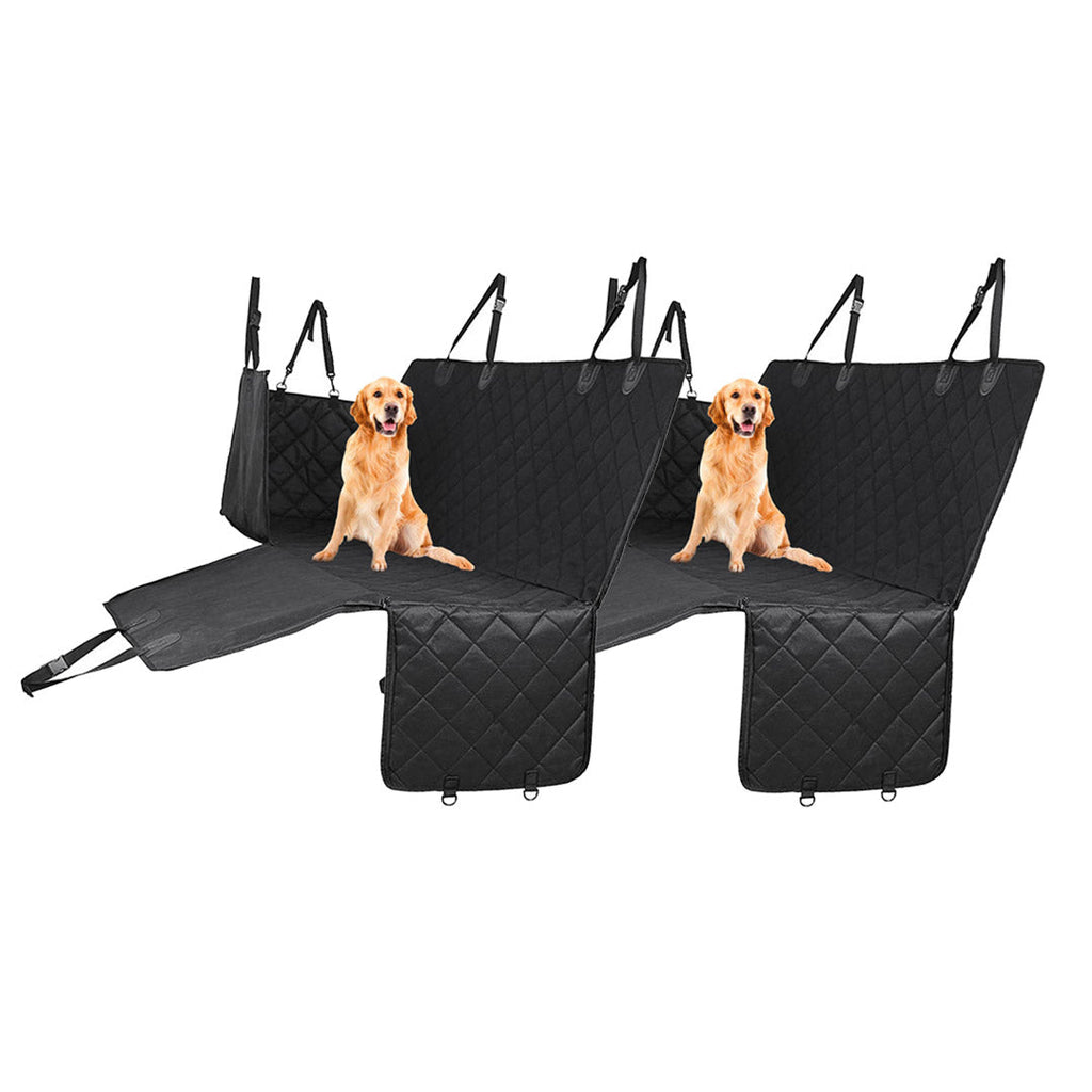 Black waterproof dog car seat cover hammock installed in vehicle back seat with secure straps