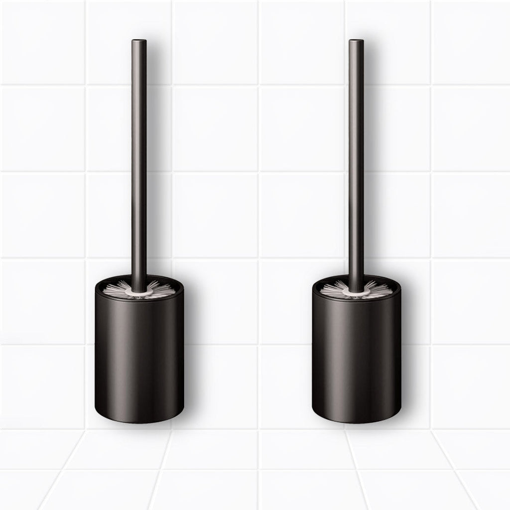 Black wall-mounted aluminum toilet brush set with minimalist holder and comfortable ergonomic handle