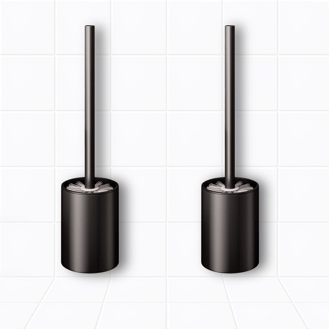Black wall-mounted aluminum toilet brush set with minimalist holder and comfortable ergonomic handle