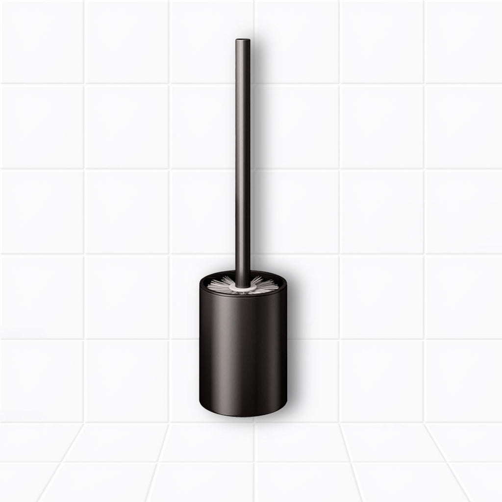 Black wall-mounted aluminum toilet brush with holder and ergonomic handle for modern bathroom cleaning