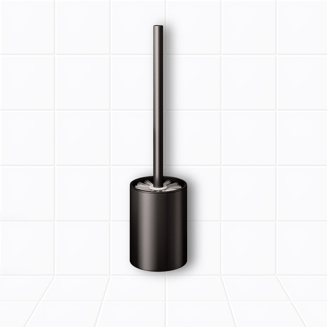 Black wall-mounted aluminum toilet brush with holder and ergonomic handle for modern bathroom cleaning