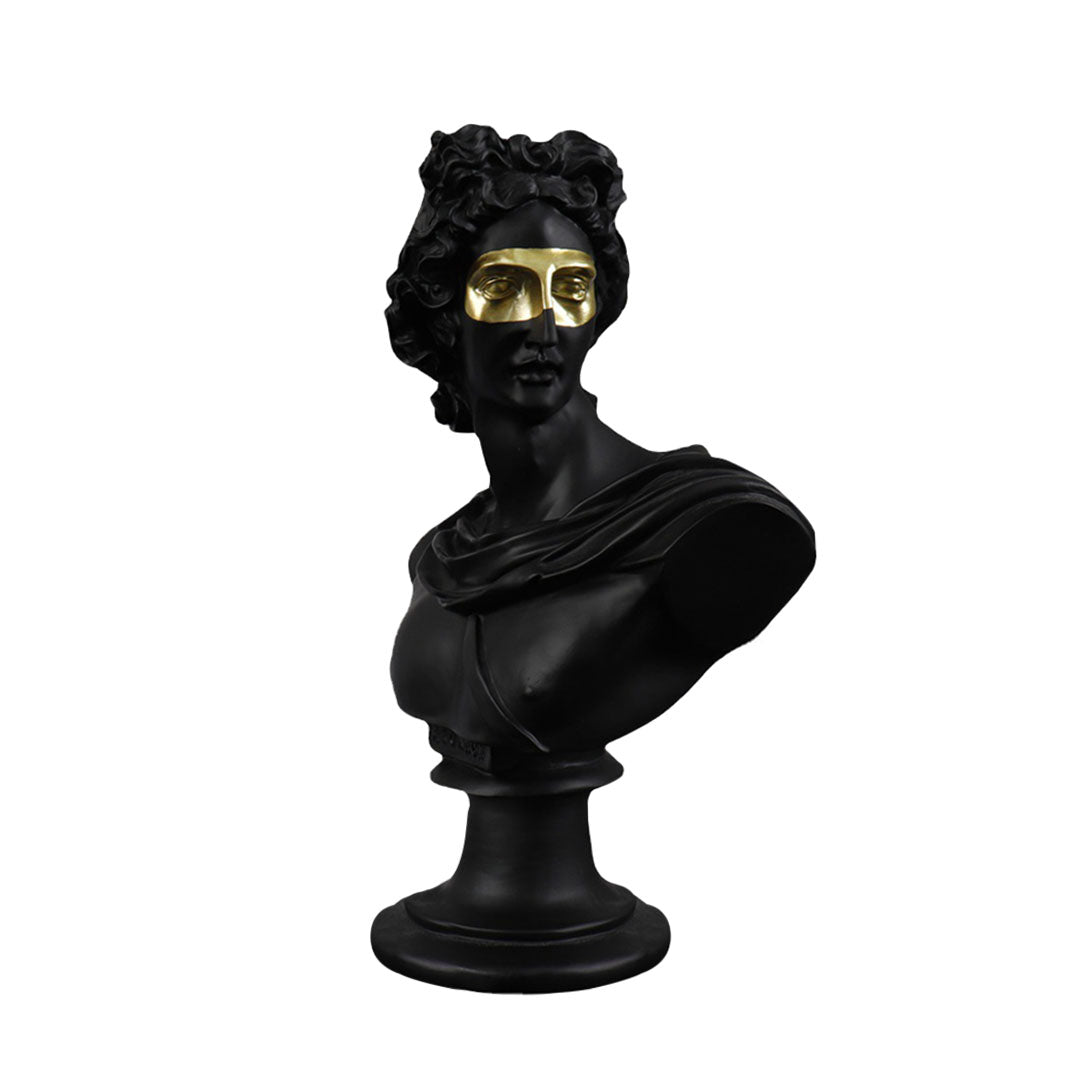 Black resin classical bust sculpture featuring a modern gold eye mask on a marble base.