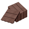 Dark chocolate wood composite interlocking decking tiles arranged for outdoor garden or patio flooring