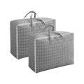 Two large grey plaid foldable travel storage bags with reinforced double handles and zipper closures