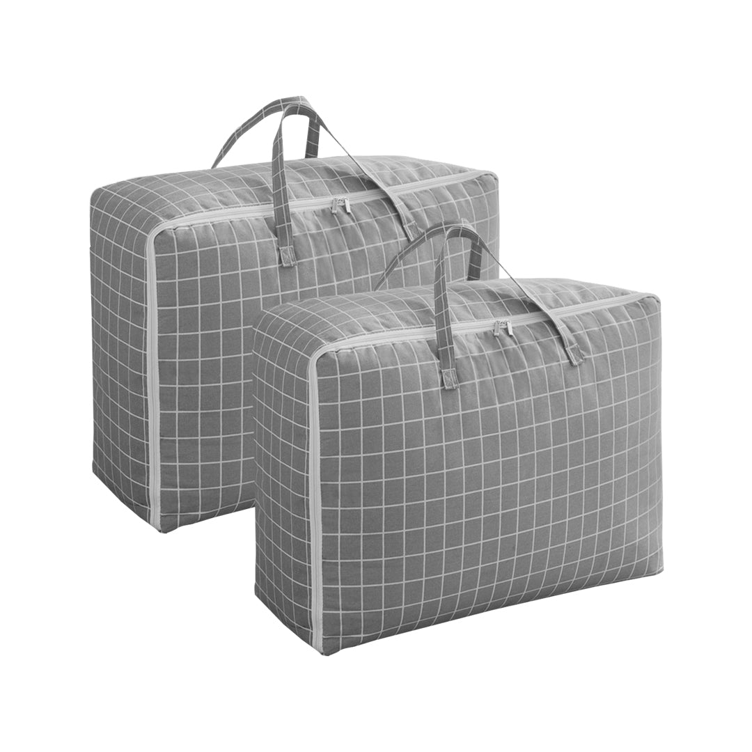 Two large grey plaid foldable travel storage bags with reinforced double handles and zipper closures