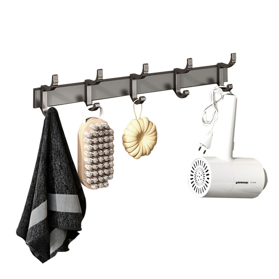 Black wall mounted aluminum towel rack organizer with multiple hooks for bathroom and entryway storage