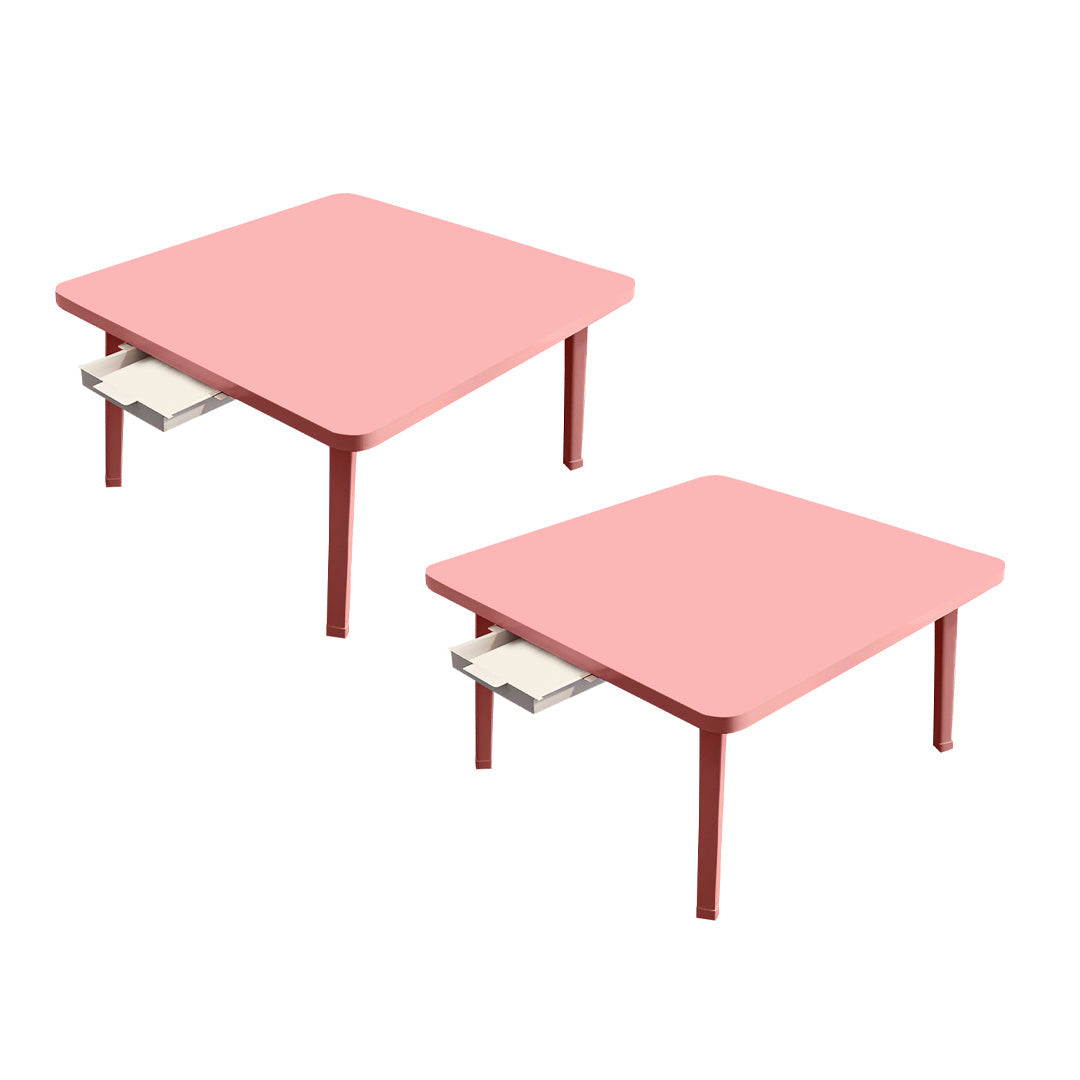 Set of two pink portable square floor tables with metal frames and built-in mini drawers