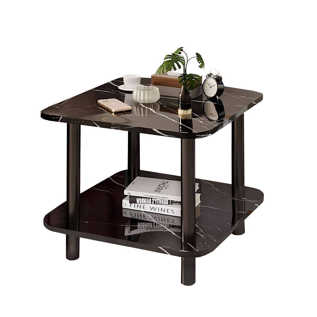 Modern round black side table featuring a stone-patterned surface and solid pine wood legs