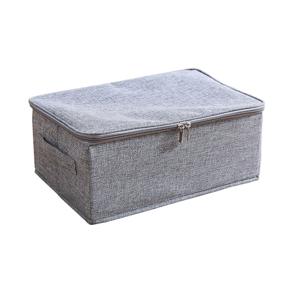 Small grey fabric foldable storage box with double zippers and reinforced handles for home organization