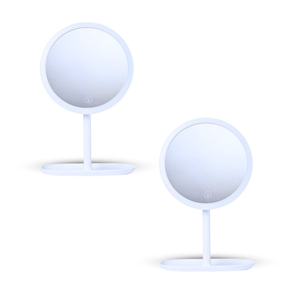White round smart LED makeup vanity mirror set of two with illuminated tricolor dimmable lighting ring