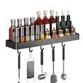 Black wall-mounted aluminum kitchen spice rack and utensil organizer with hanging hooks