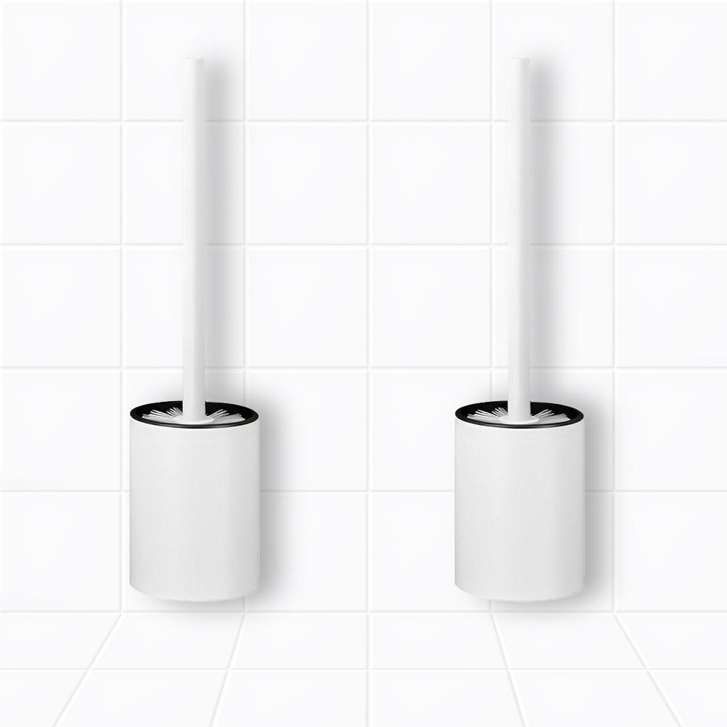 White wall-mounted aluminum toilet brush and holder set with ergonomic handle and hygienic bristles