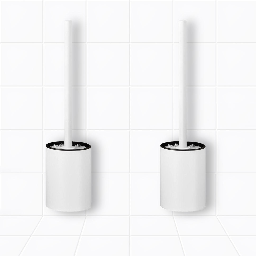 White wall-mounted aluminum toilet brush and holder set with ergonomic handle and hygienic bristles