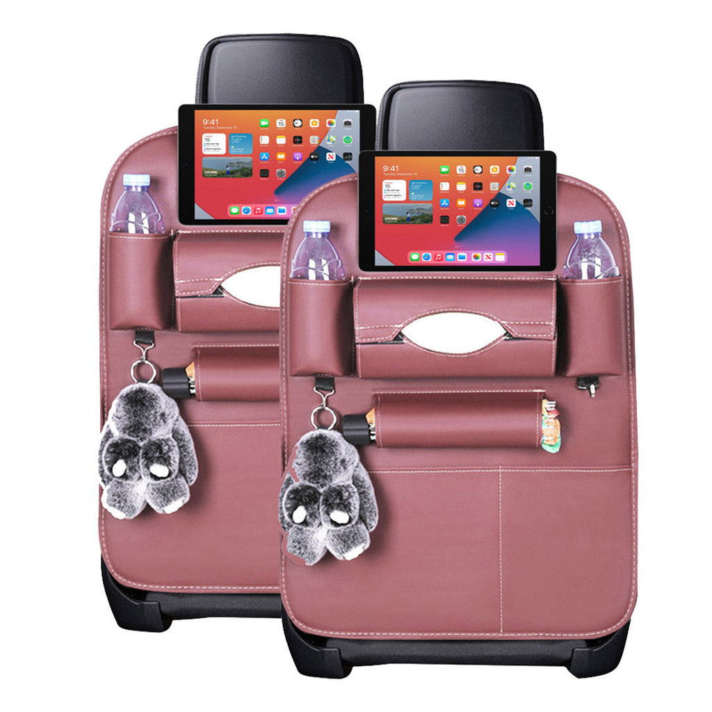 Coffee brown PVC leather car backseat organizer with multiple storage pockets and iPad holder