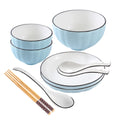 Blue Japanese style ceramic dinnerware set with bowls plates spoons and chopsticks in semi-matte glaze