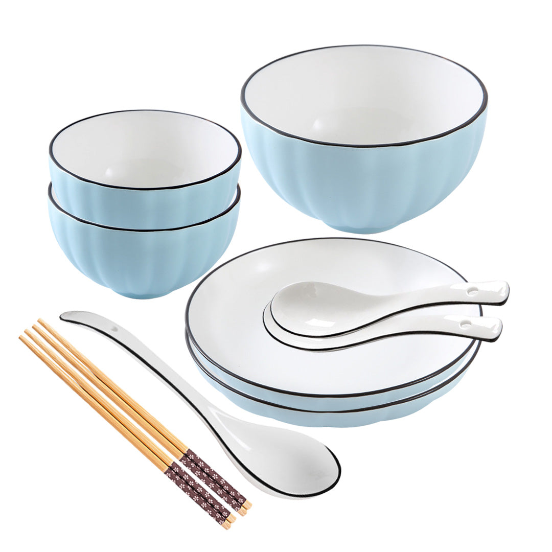 Blue Japanese style ceramic dinnerware set with bowls plates spoons and chopsticks in semi-matte glaze